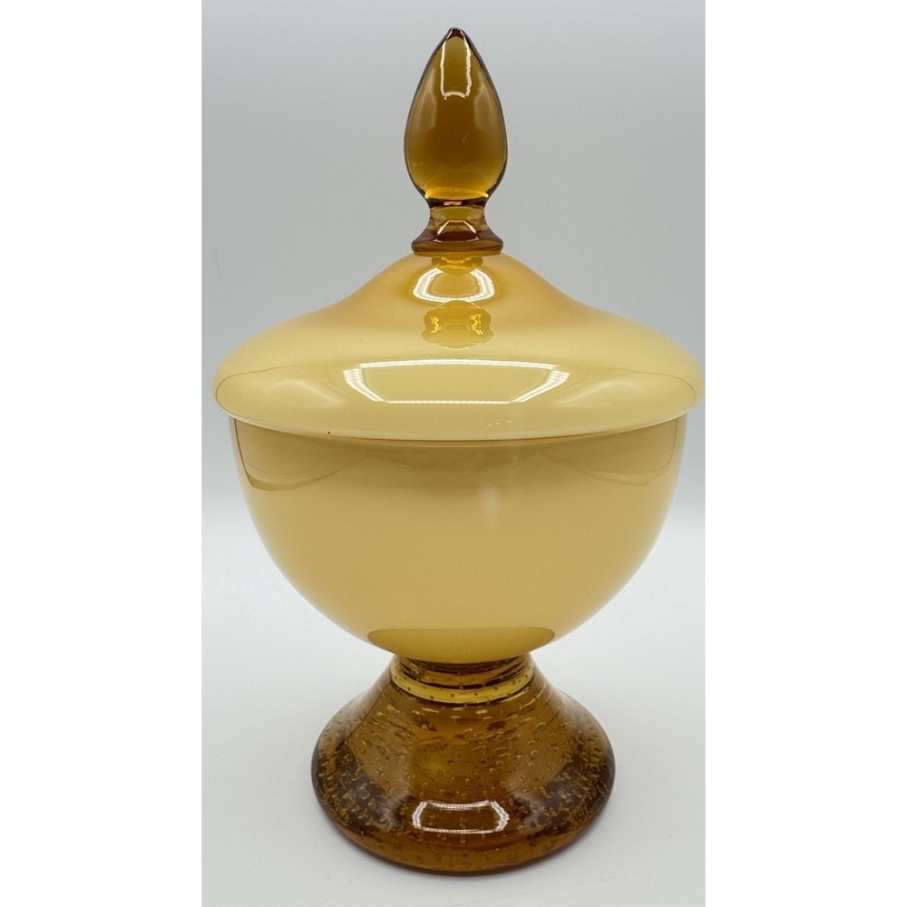 Vintage LE Smith Amber Glass Candy Dish With Lid Controlled Bubble Pedestal MCM